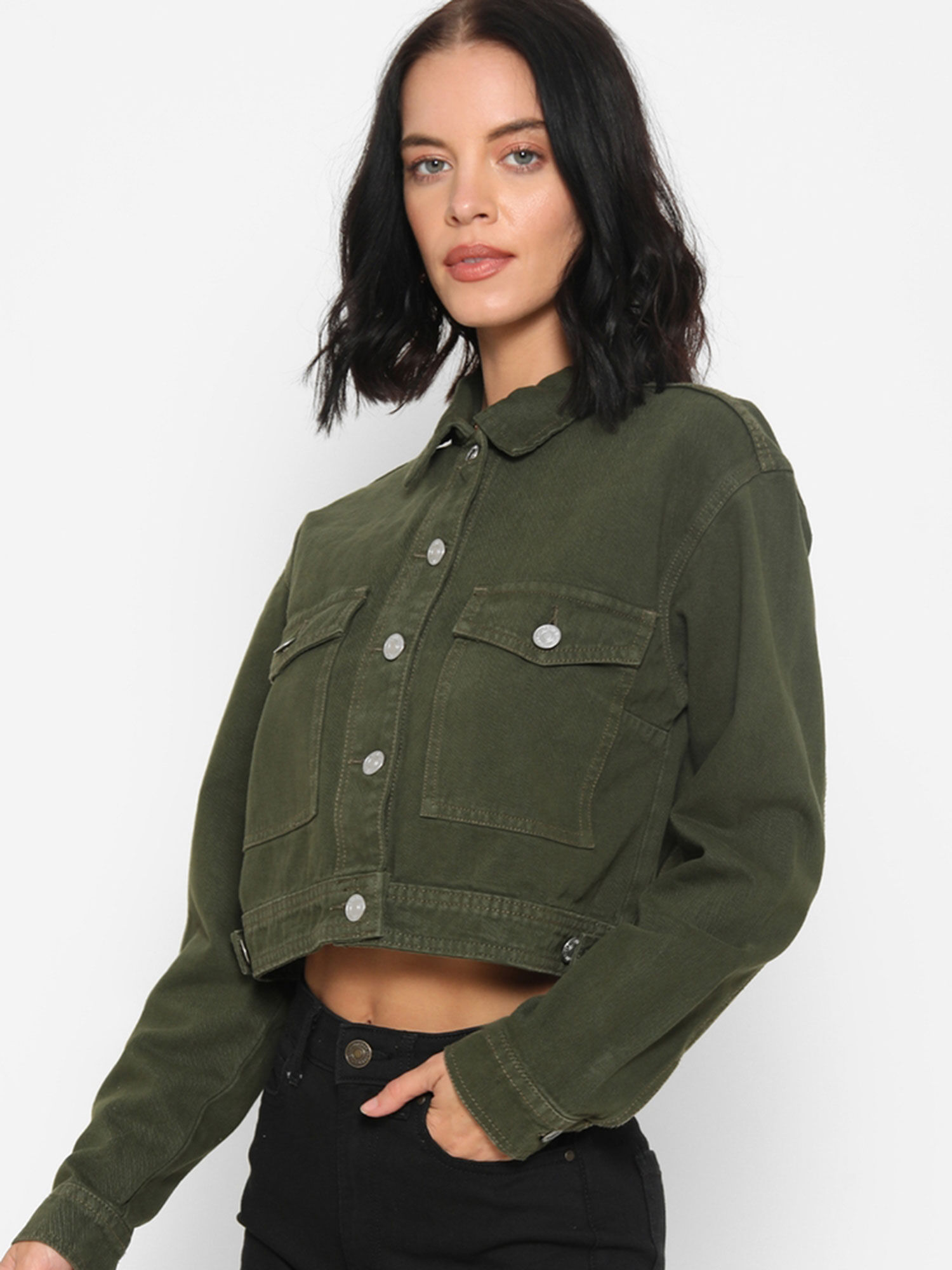 Forever 21 Solid Cropped Denim Jacket 