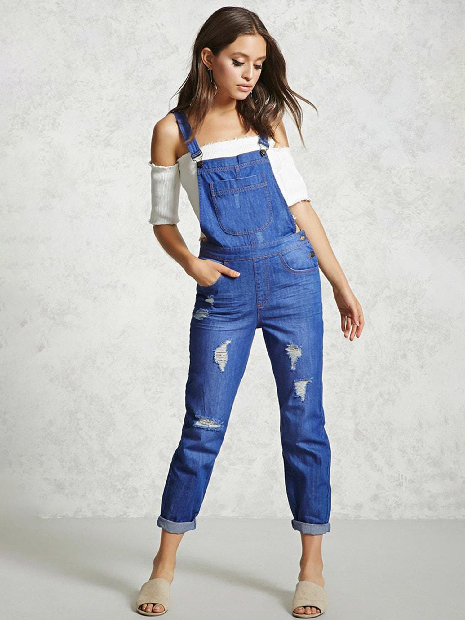 Solid Distressed Denim Overalls 