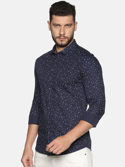 SHOWOFF - Cotton Navy Blue Micro Print Printed Slim Fit Shirt