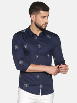 SHOWOFF - Cotton Blue Floral Printed Slim Fit Shirt