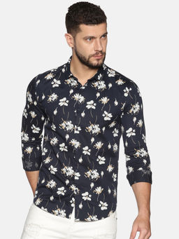 SHOWOFF - Cotton Navy Blue Floral Printed Slim Fit Shirt