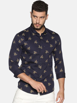 SHOWOFF - Cotton Navy Blue Floral Printed Slim Fit Shirt