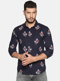 SHOWOFF - Cotton Navy Blue Floral Printed Slim Fit Shirt