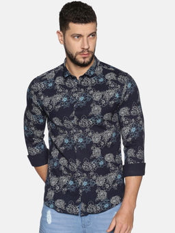 SHOWOFF - Cotton Navy Blue Floral Printed Slim Fit Shirt