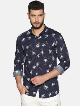 SHOWOFF - Cotton Navy Blue Floral Printed Slim Fit Shirt