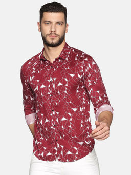 SHOWOFF - Cotton Maroon Geometric Printed Slim Fit Shirt
