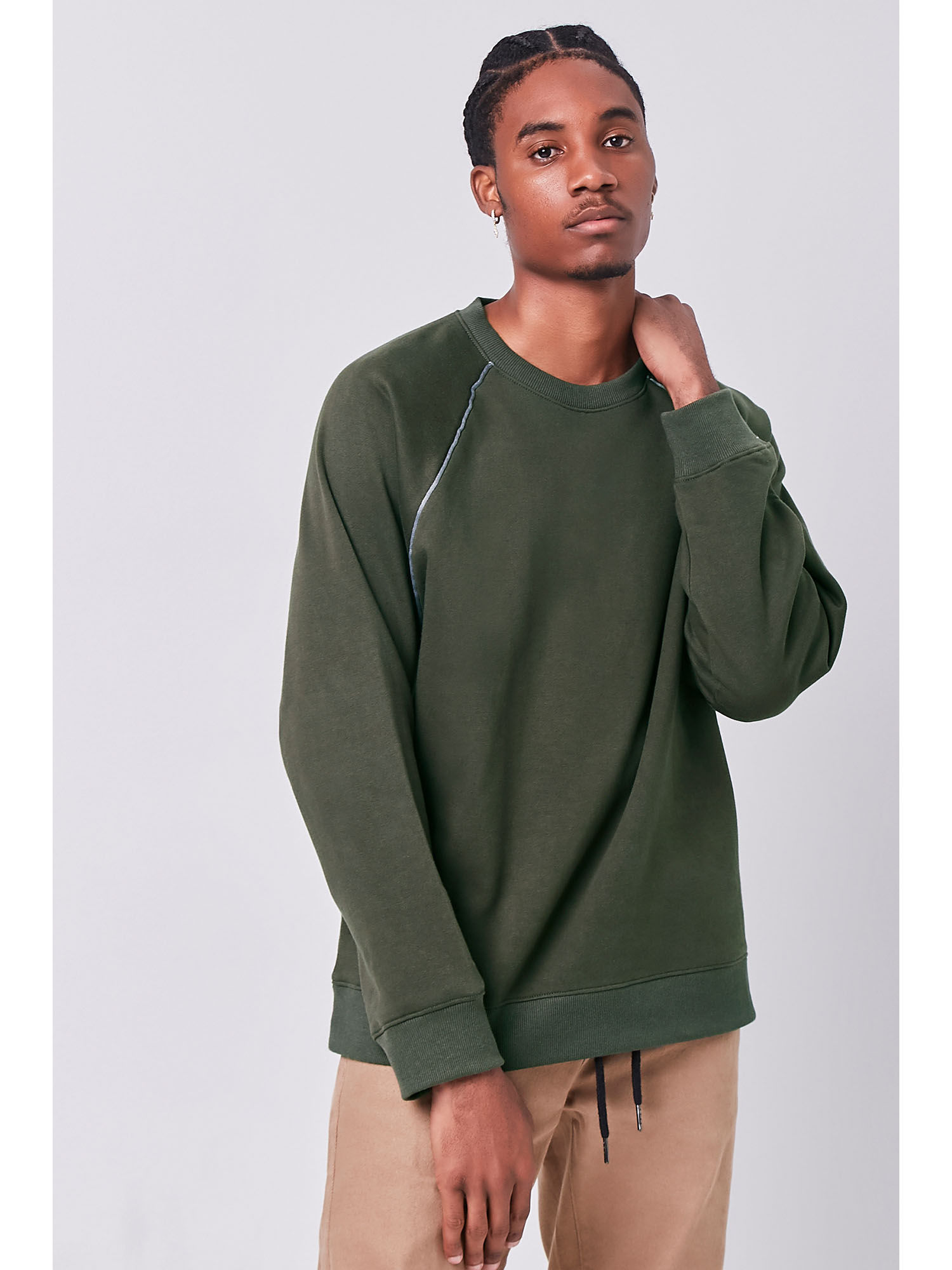 Olive Solid Fleece Raglan Sweatshirt 