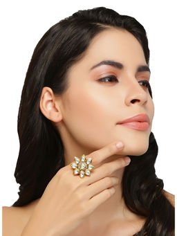 Accessher - White Ethnic Antique Floral Adjutable Finger Ring