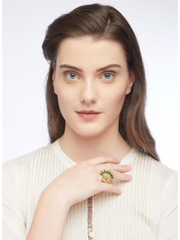 Accessher - Gold Toned & Green Peacock Shaped Pearl Drops Finger Ring