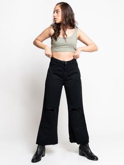 FREAKINS - Knee Cut Black Wide Leg Jeans
