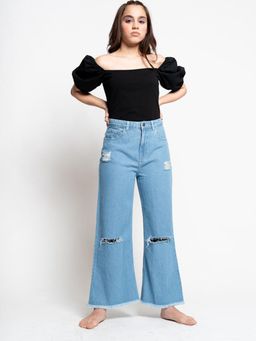 FREAKINS - Light Blue Ripped Wide Jeans