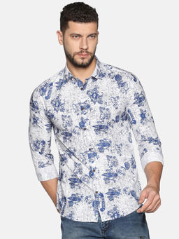 SHOWOFF - Cotton White And Blue Abstract Printed Slim Fit Shirt