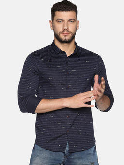 SHOWOFF - Cotton Navy Blue Typography Printed Slim Fit Shirt