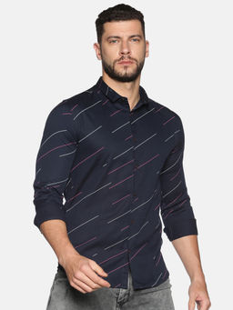 SHOWOFF - Cotton Navy Blue Geometric Printed Slim Fit Shirt