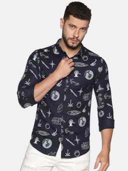 SHOWOFF - Cotton Navy Blue Graphic Printed Slim Fit Shirt