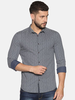SHOWOFF - Cotton Navy Blue Floral Printed Slim Fit Shirt