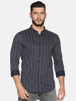 SHOWOFF - Cotton Navy Blue Stripe Printed Slim Fit Shirt