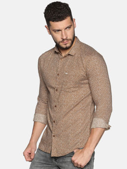 SHOWOFF - Cotton Khaki Micro Prints Printed Slim Fit Shirt