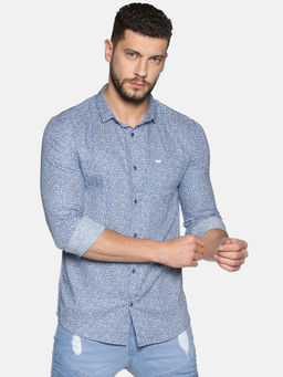 SHOWOFFFF - Cotton Light Blue Micro Prints Printed Slim Fit Shirt