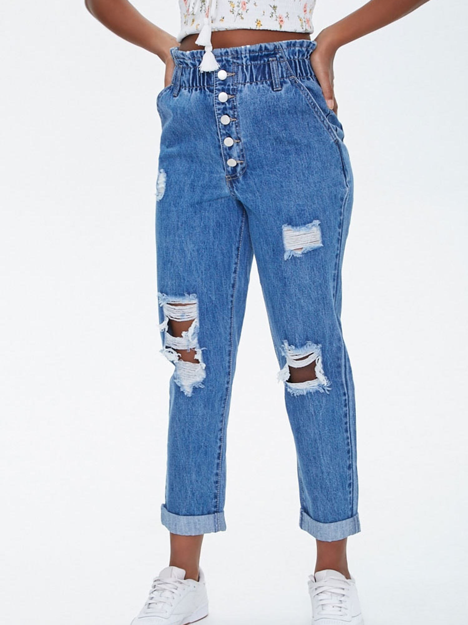 Navy Blue Distressed Paper Bag Jeans 