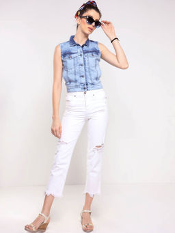 FREAKINS - Sleeveless Sprayed Collar Light Blue Denim Jacket