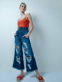 FREAKINS - Distressed Dark Blue Elasticated Belt Denim Flared Jeans