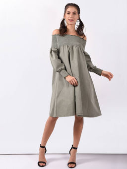 FREAKINS - Olive Green Off Shoulder Smoky Dress