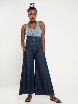 FREAKINS - Navy Blue Relaxed Fit Boot Cut Elasticated Denim Palazzo