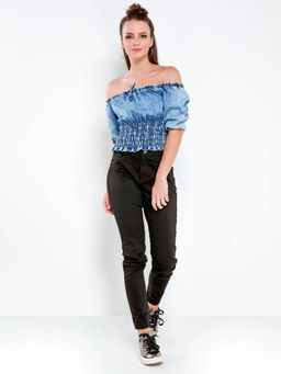 FREAKINS - Light Blue Off Shoulder Elasticated Denim Top