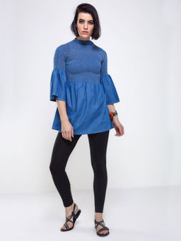 FREAKINS - Mid Blue Denim Flared Top