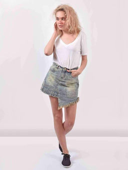 FREAKINS - Vintage Washed Denim Patched Skirt