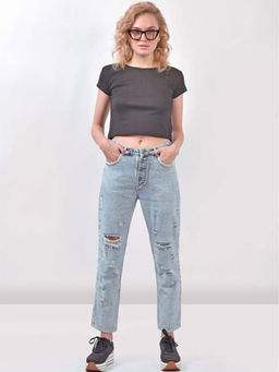 FREAKINS - Mom Fit Distressed Reverse Denim Jeans