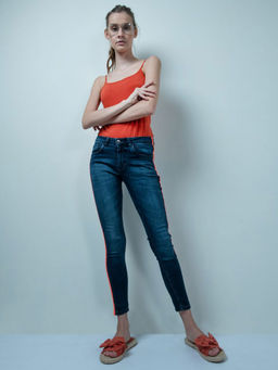 FREAKINS - Neon Orange Side Tape Detailed Denim High Waist Skinny Fit Jeans