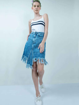 FREAKINS - Eco-Friendly High Waist Denim Distressed Skirt