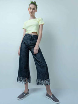 FREAKINS - Eco-Friendly Dark Blue Denim Fray Hem High Waist Flared Jeans