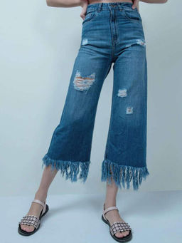 FREAKINS - Eco-Friendly Mid Blue Denim Distressed Fray Hem High Waist Flared Jeans