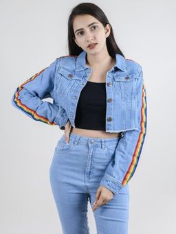 FREAKINS - Eco-Friendly Blue Hand Painted Denim Tape Detailed Cropped Jacket