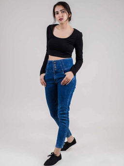 FREAKINS - Dark-Blue Broad Belt Skinny Fit Jeans