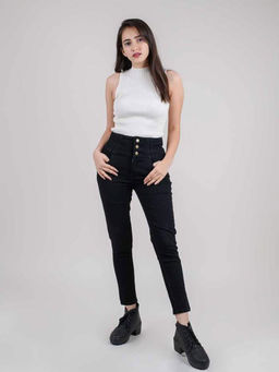 FREAKINS - Black Broad-Belt Skinny Fit Jeans