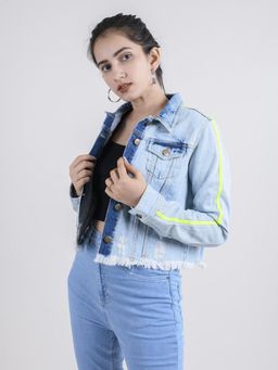 FREAKINS - Ice Wash Cropped Jacket With Neon Tape