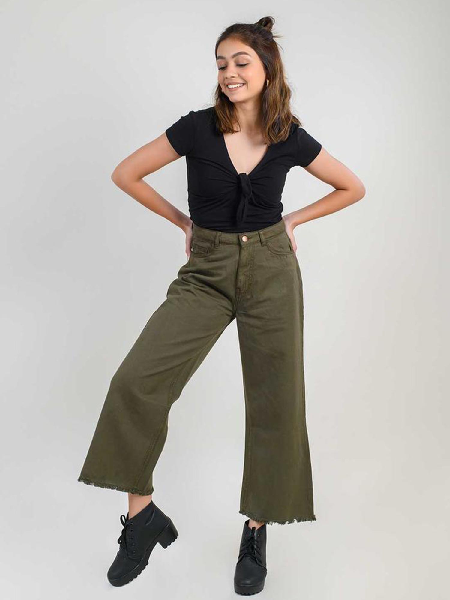 FREAKINS Olive Wide Leg Jeans 