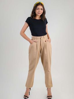 FREAKINS - Beige Pleated Slouchy Denim