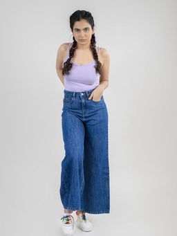 FREAKINS - Dark Blue Raw Edge Flared Denim Jeans
