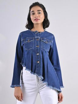 FREAKINS - Flared Asymmetrical Dark Blue Denim Jacket