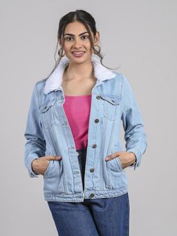 FREAKINS - Light Wash Denim Jacket With Fur