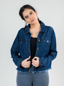 FREAKINS - Dark Blue Denim Jacket With Raw Hem