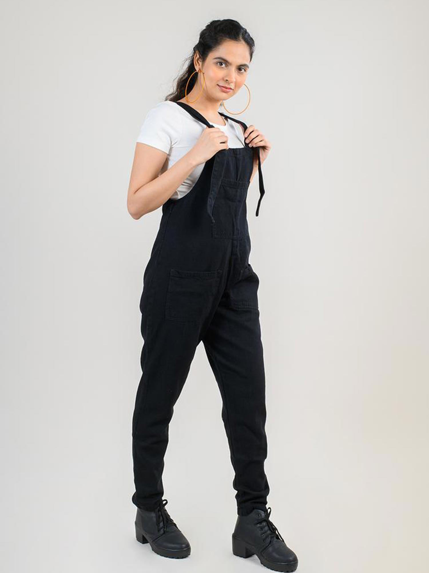 FREAKINS Black Organic Denim Dungaree 