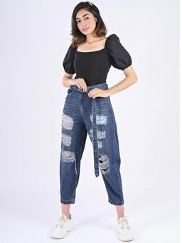 FREAKINS - Distressed Belted Baggy Jeans