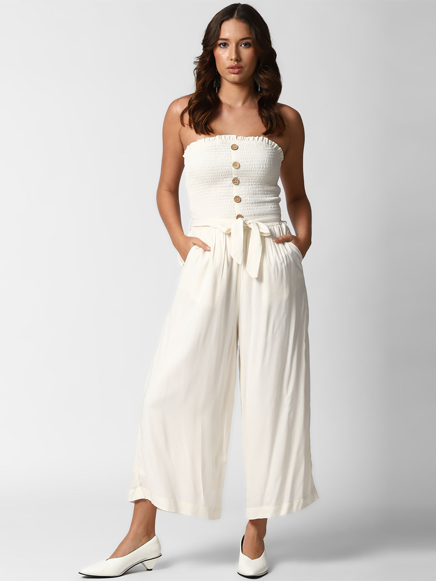 White Solid Tube Smocked Jumpsuit 