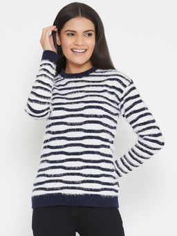 CRIMSOUNE CLUB - White Striped Round Neck Sweaters